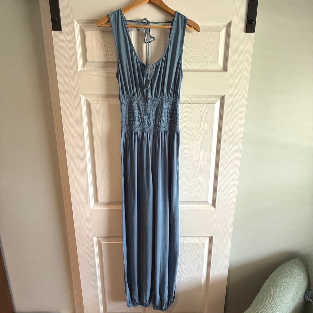 Earthbound Trading Co Blue Boho‎ Jumpsuit Harem Pants Tie Back Size Small NWT